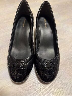 Tory Burch Black Quilted Leather Logo Ballet Flats